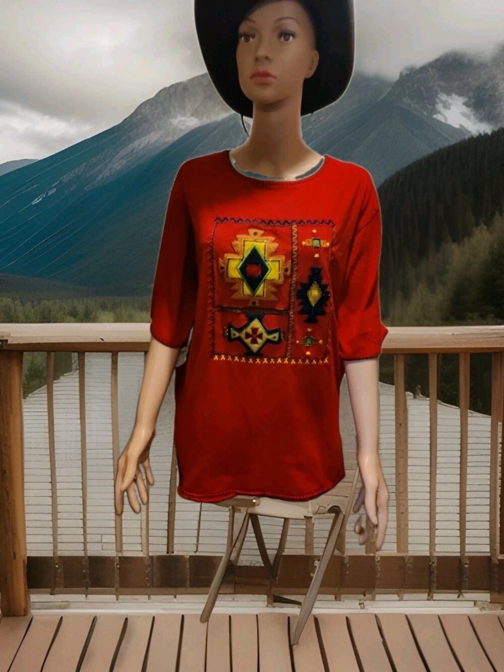 Women's VTG CST Blues Southwestern Aztec Appliqued Print Top Red 2X